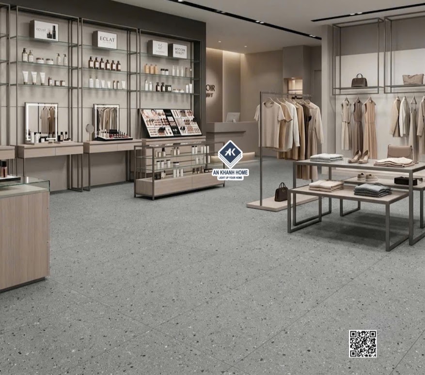 Gạch kis 60x120 terrazzo màu xám lát nền shop bán mỹ phẩm đồ thời trang