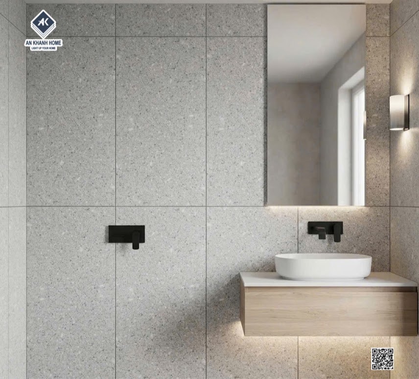 Gạch ốp tường phòng tắm 60x120 terrazzo kis đá mờ xám nhạt