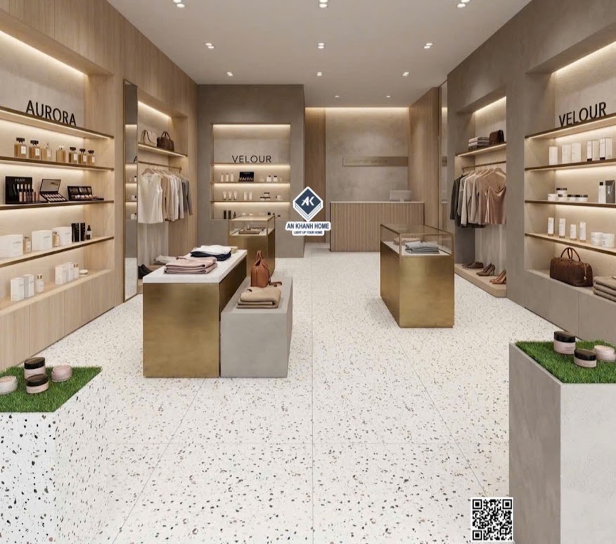 Gạch kis 60x120 terrazzo lát nền shop bán mỹ phẩm đồ thời trang