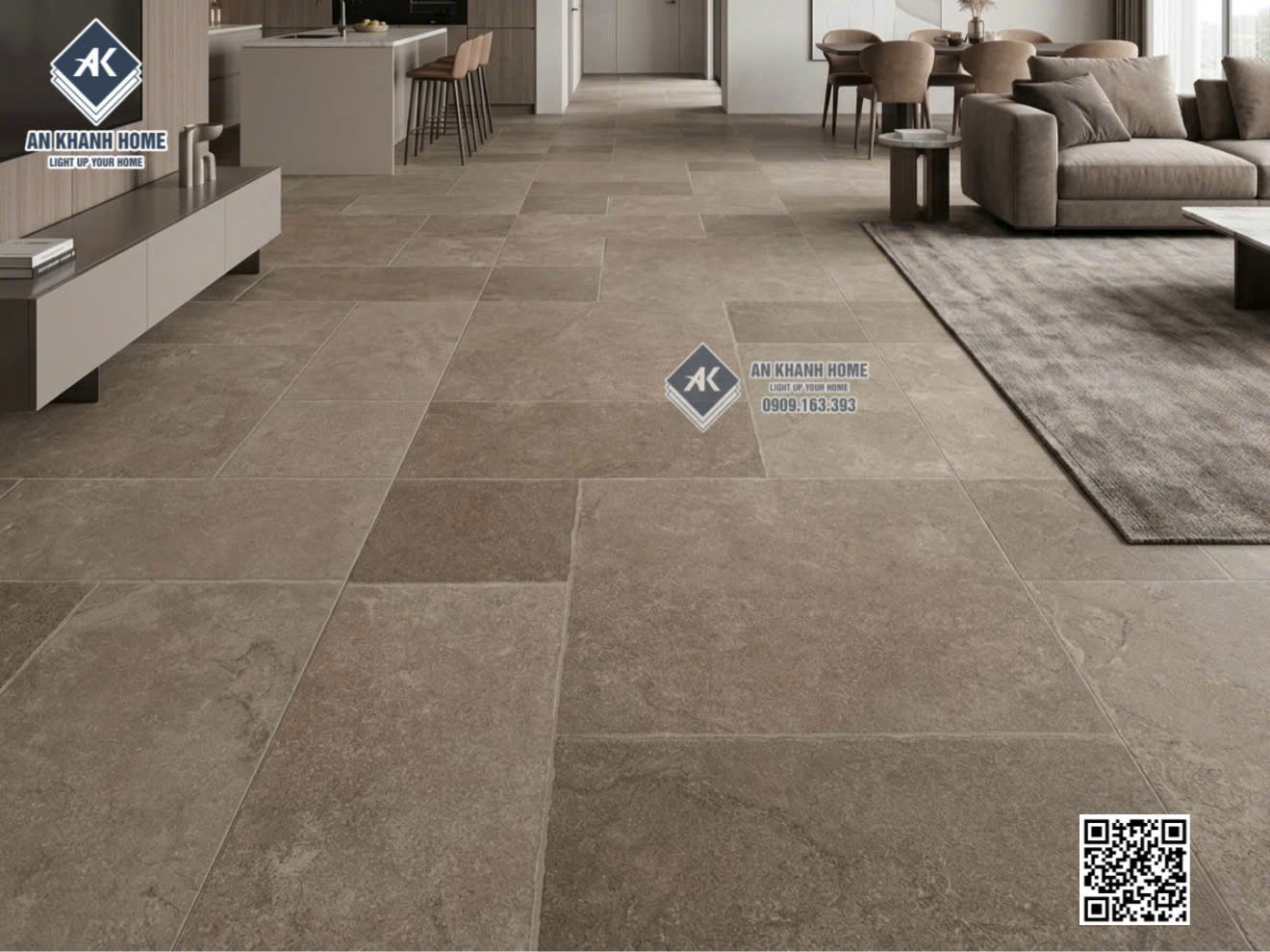Gạch giả đá ghép 60x120 lát phòng khách màu nâu giả cổ