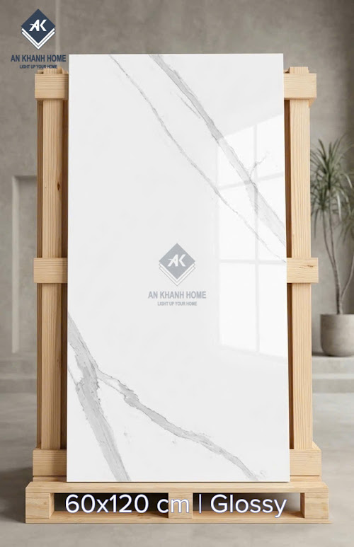 Gạch lát nền 60x120 trắng vân xám bóng kính ấn độ