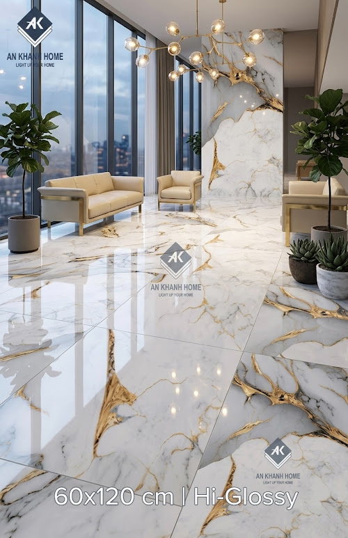 Gạch nhập khẩu 60x120 vân đá xanh nhũ vàng bóng kính