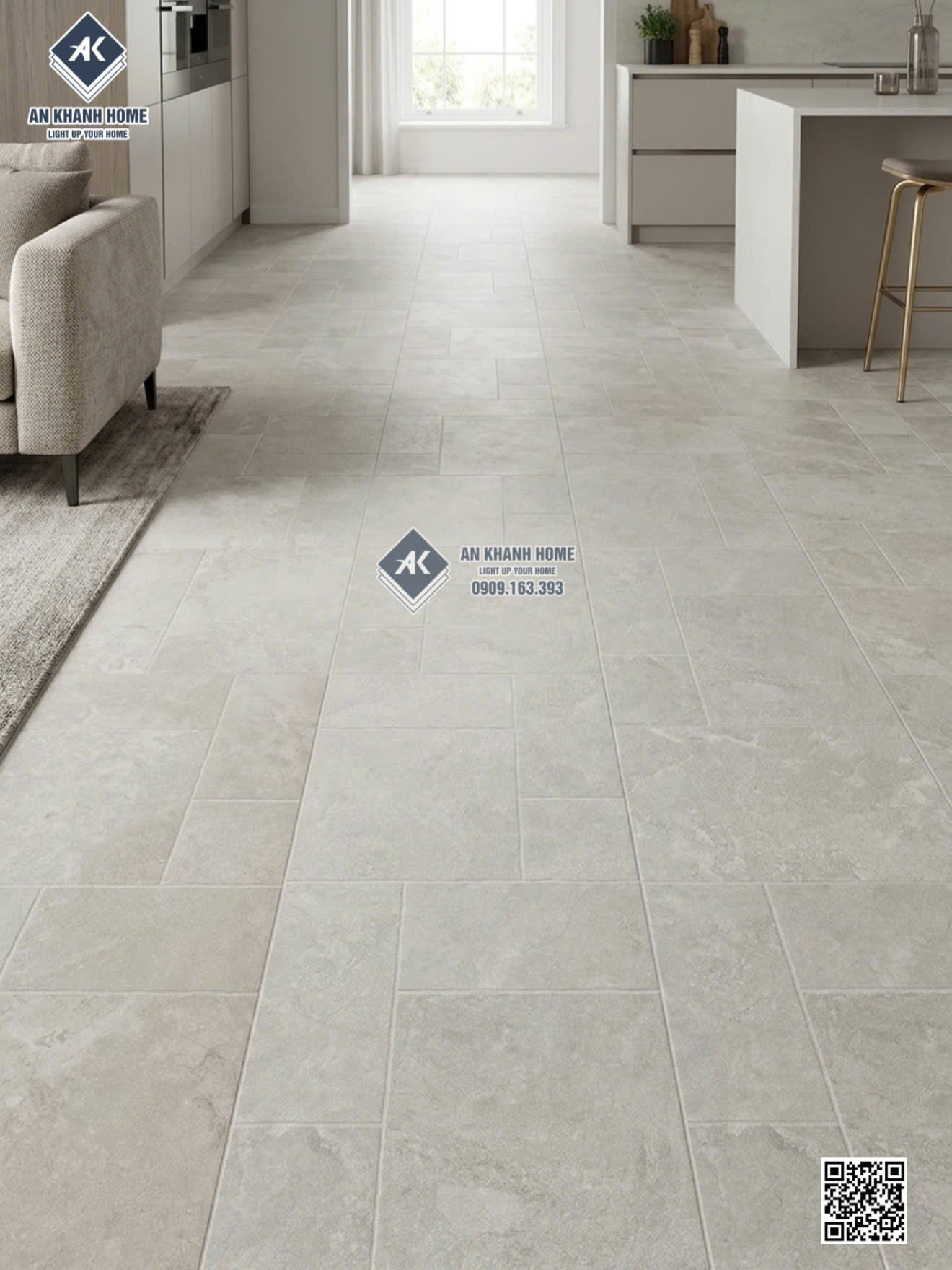 Gạch giả đá ghép 60x120 lát phòng khách màu xám trắng