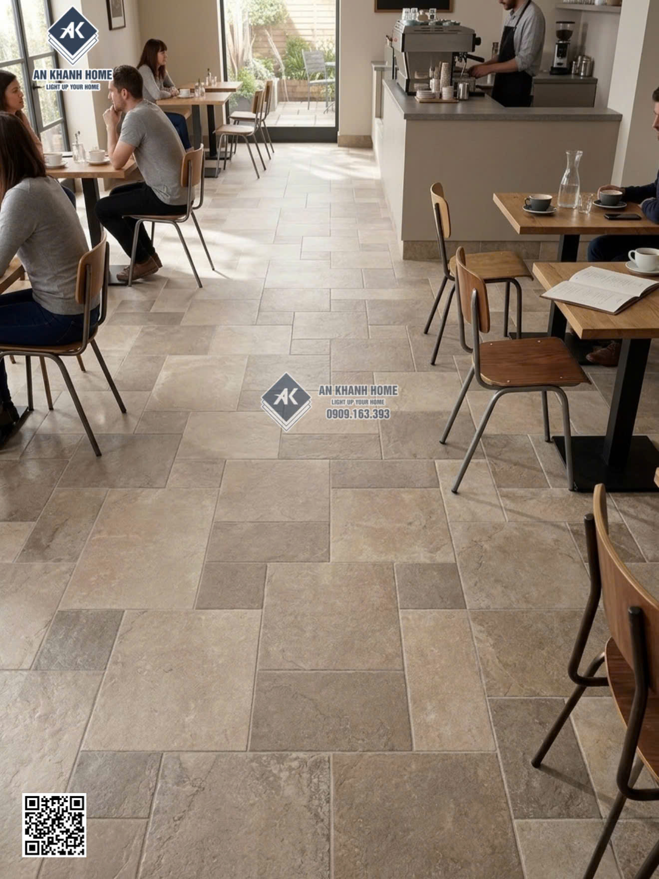 Gạch travertine màu nâu 60x120 lát quán cafe vân giả đá ghép