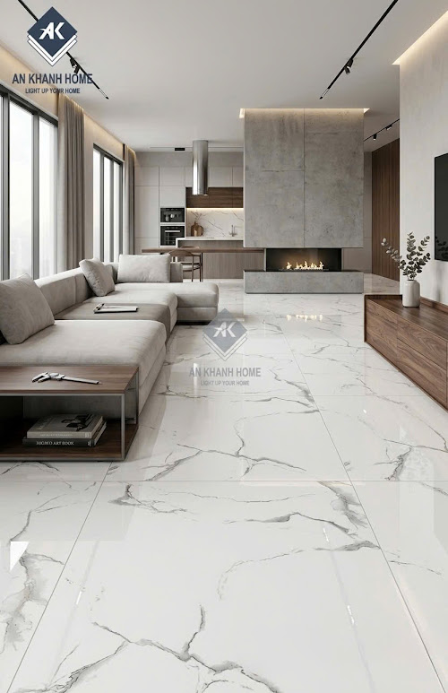 Gạch khổ lớn nhập khẩu 60x120 trắng vân mây bóng kính cao cấp