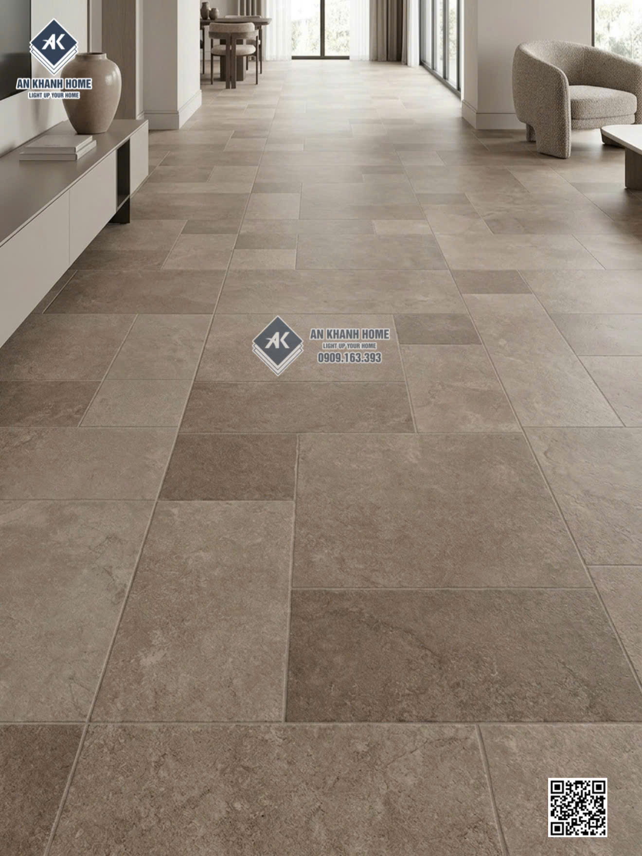 Gạch 60x120 lát phòng khách vân travertine màu nâu giả đá ghép