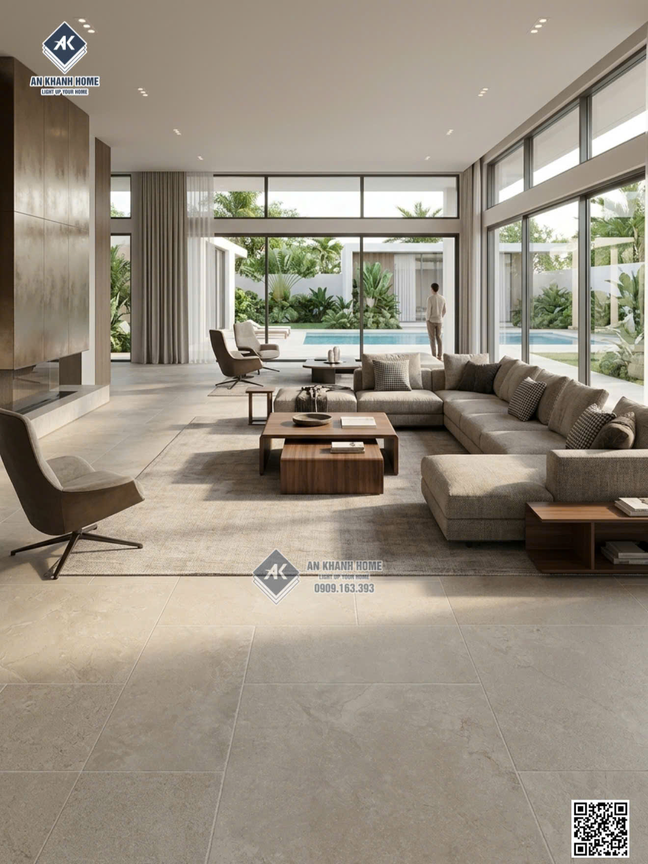 Gạch 60x120 lát phòng khách giả đá ghép màu kem mờ