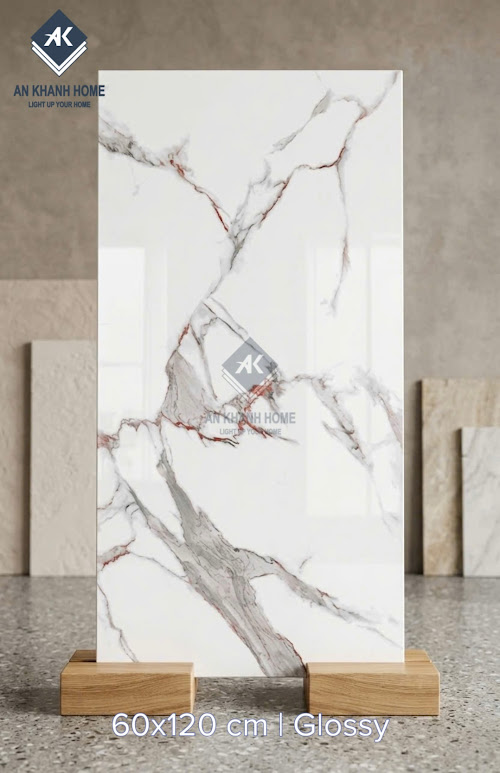 Gạch ốp lát 60x120 bề mặt trắng vân đá xám nâu đỏ bóng kính cao cấp