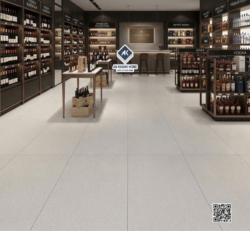 Gạch granite 60x120 kis terrazzo màu kem lát nền shop bán rượu 
