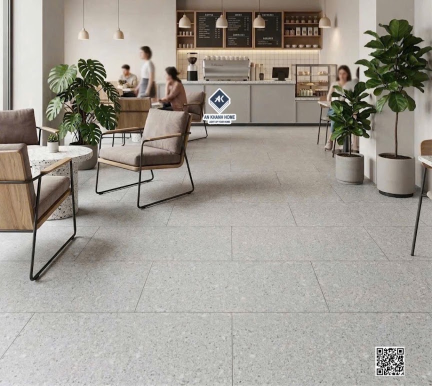 Gạch đá mờ màu xám nhạt terrazzo kis 60x120 lát quán cafe