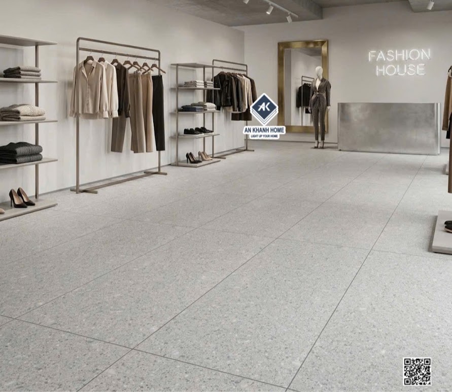 Gạch terrazzo lát shop bán đồ thời trang 60x120 kis đá mờ xám nhạt