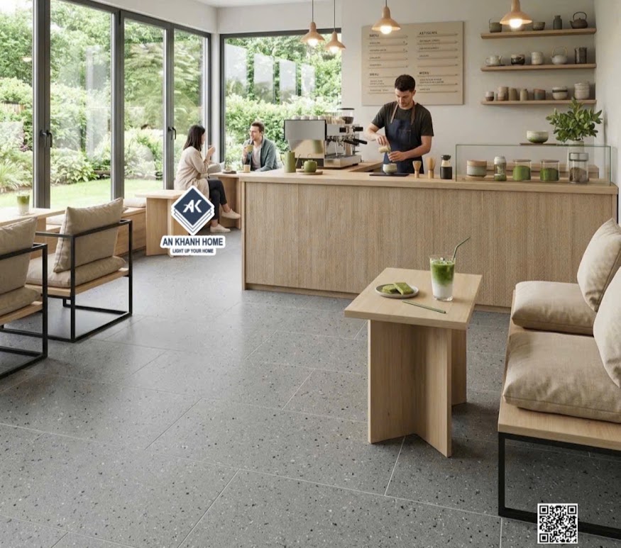 Gạch kis 60x120 terrazzo mờ xám lát quán cafe