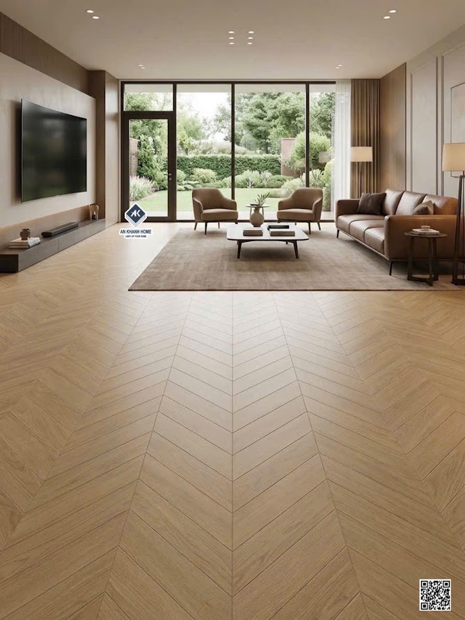 Gạch lát nền phòng khách vân gỗ 60x120 xương cá 