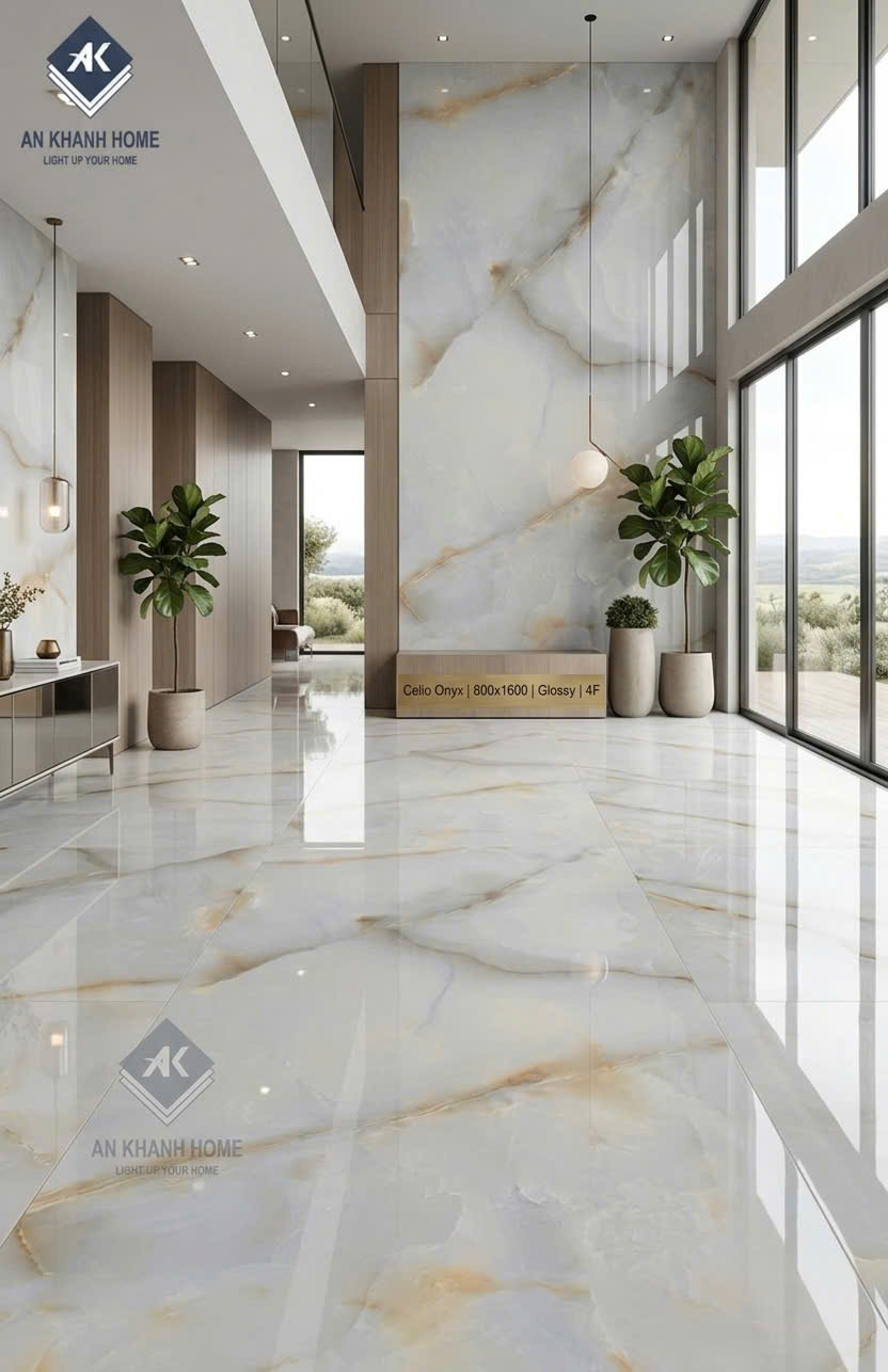 Gạch lát nền bóng kiếng 80x160 celio onyx kem vân đá cao cấp