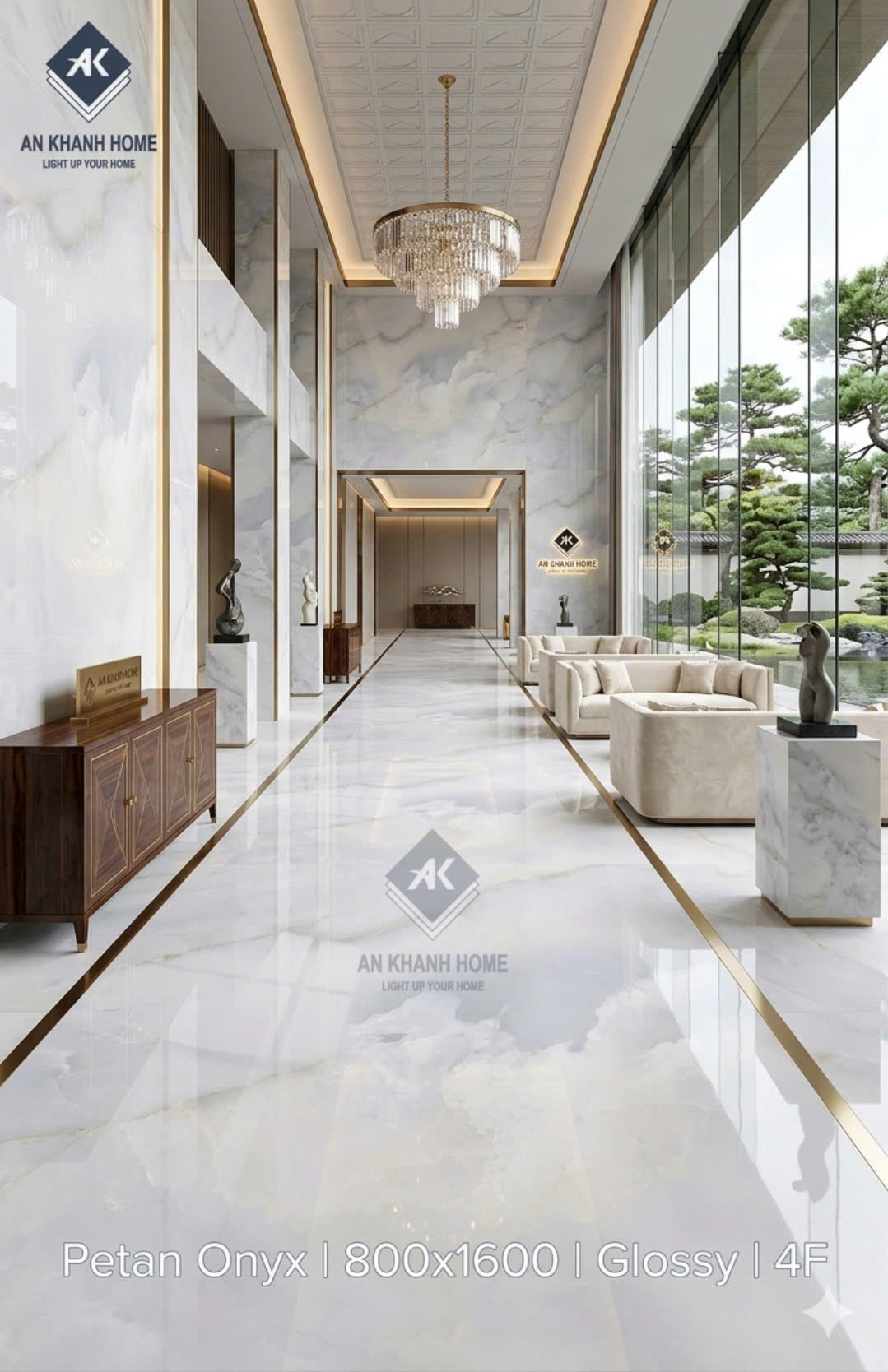 Gạch lát nền ấn độ 80x160 petan onyx kem bóng kiếng vân mây