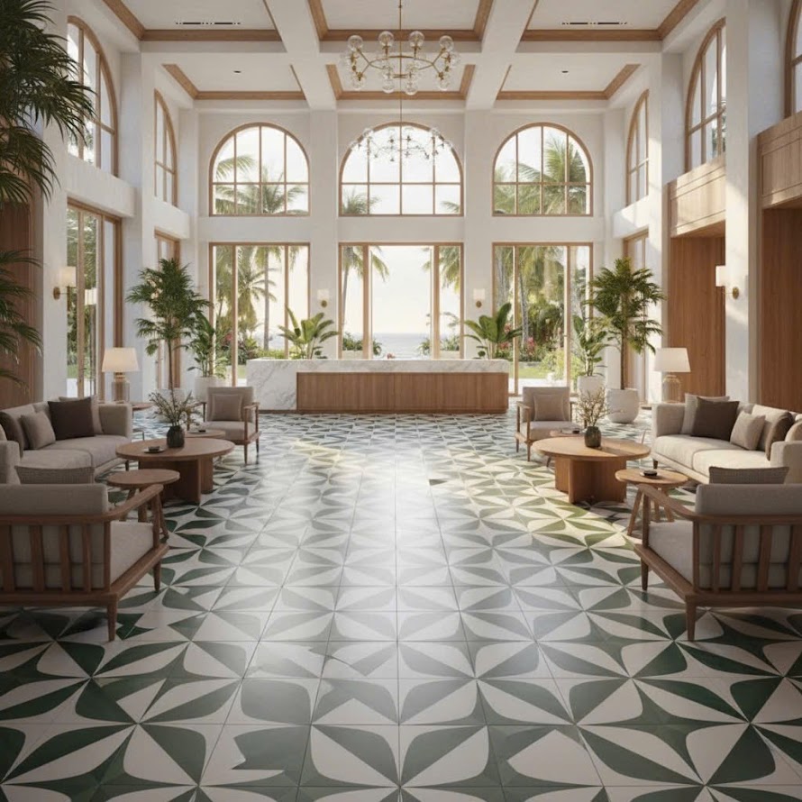 Gạch bông hoạ tiết xanh trắng đối xứng 30x30cm