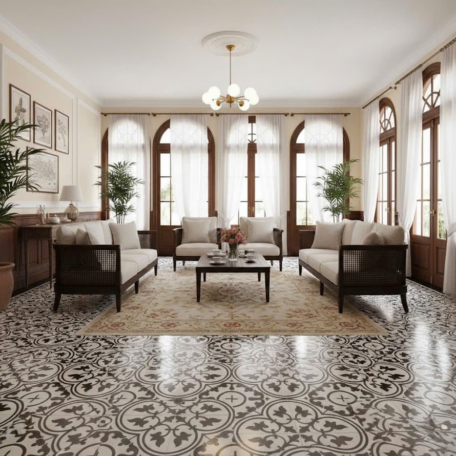 Gạch bông hoạ tiết đen trắng cổ điển 30x30cm