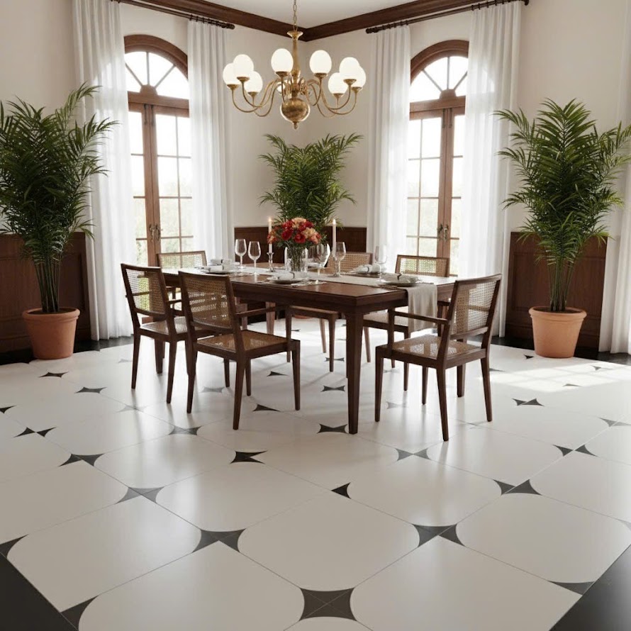 Gạch bông trắng nhấn đen góc 30x30 trung quốc