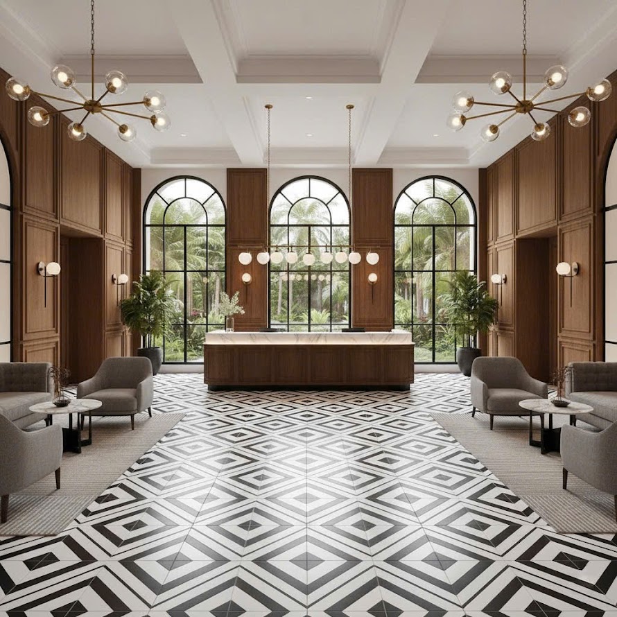 Gạch bông hoạ tiết hình học đen trắng 30x30 trung quốc