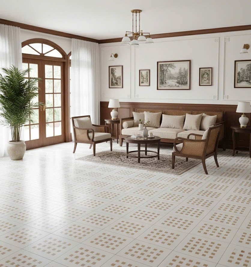 Gạch bông 30x30 màu kem nhấn vân gỗ vuông