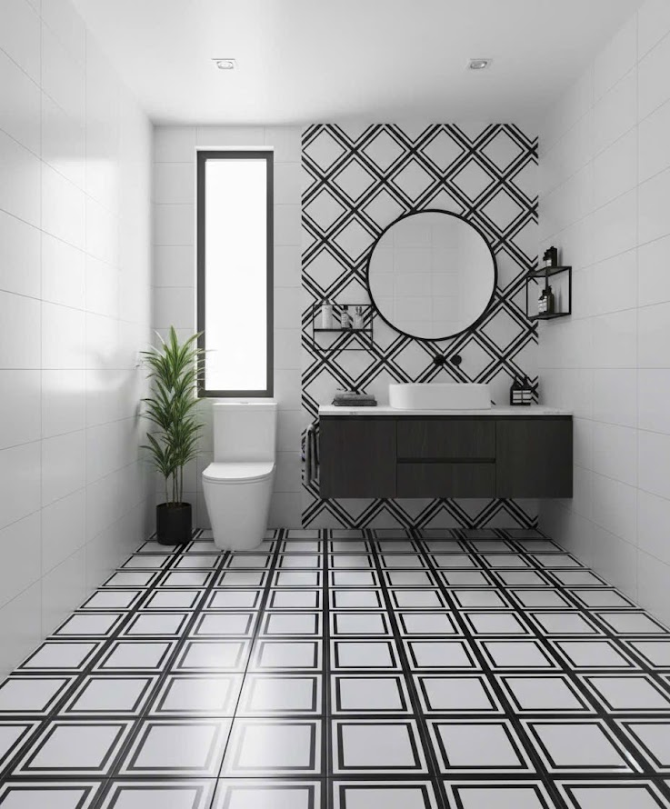 Gạch bông 30x30 nền trắng viền đen cổ điển tối giản