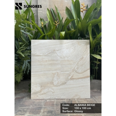 Gạch Ấn Độ 100x100 Màu Vàng Kem Vân Đá Marble Albania Beige Bề Mặt Bóng