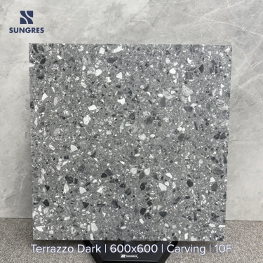 Gạch 60x60 Ấn Độ vân hạt Terrazzo màu xám đậm bề mặt carving chạm khắc