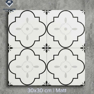 Gạch bông 30x30 hoạ tiết cánh hoa cổ điển màu đen trắng xám