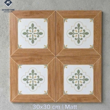 Gạch bông 30x30 hoạ tiết hoa lá đối xứng viền vân gỗ