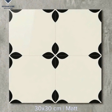 Gạch bông 30x30 nền trắng kem hoạ tiết hoa 4 cánh đen