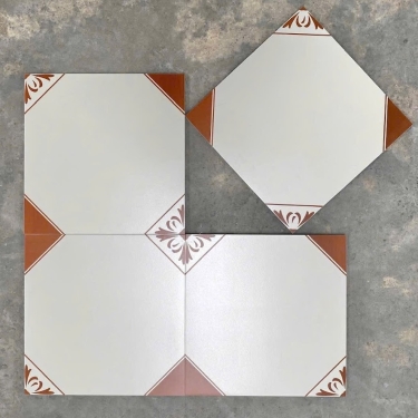 Gạch bông 30x30cm màu trắng kem nhấn góc nâu đỏ   