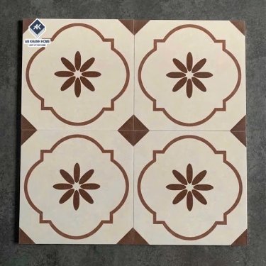 Gạch bông 40x40 đá mờ trắng kem hoa văn màu nâu