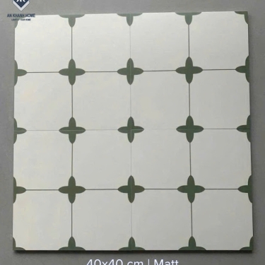 Gạch bông 40x40 hoạ tiết cánh hoa màu xanh lá nền trắng