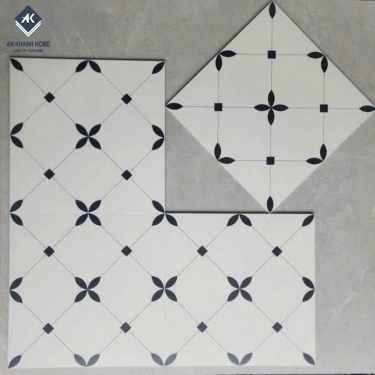 Gạch bông 40x40 màu trắng kem hoạ tiết đen đối xứng