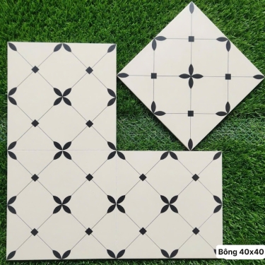 Gạch bông 40x40 màu trắng kem hoạ tiết đen đối xứng