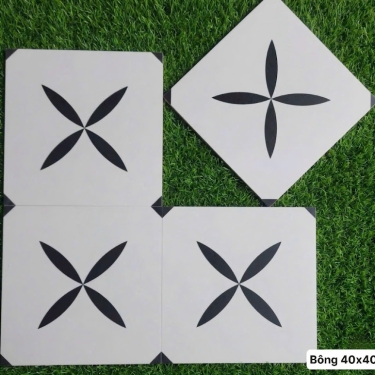 Gạch bông 40x40 nền trắng hoạ tiết cánh hoa đen cổ điển tối giản