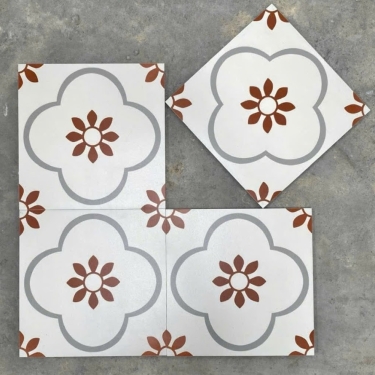 Gạch bông cổ điển 30x30 trắng kem hoa mai nâu đỏ