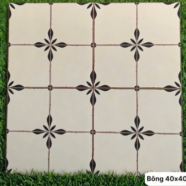 Gạch bông cổ điển 40x40 màu kem hoạ tiết đen