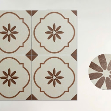 Gạch bông giả cổ 30x30 trắng kem hoạ tiết nâu be