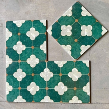 Gạch bông giả cổ 30x30 xanh đậm nhấn hoa