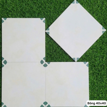 Gạch bông trung quốc 40x40 trắng kem hoa văn xanh lá