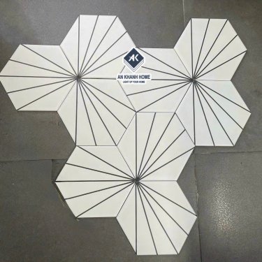 Gạch lục giác 200x230mm trắng họa tiết chỉ xỏe 5 tia đen