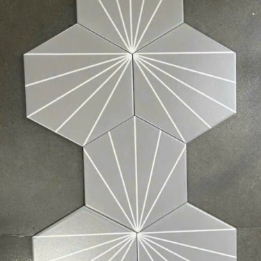Gạch lục giác 20x23cm xám 5 tia trắng chỉ xòe quạt