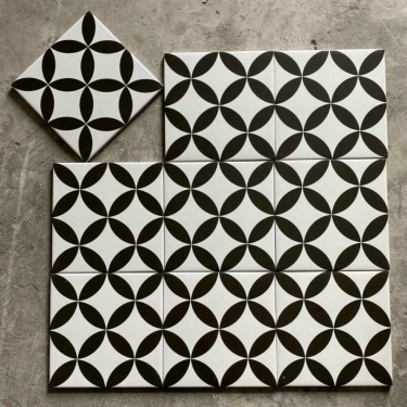 Gạch bông 20x20 đồng tiền đen nền trắng kem bề mặt mờ