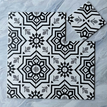 Gạch bông 20x20 màu trắng hoạ tiết đối xứng màu đen bề mặt mờ