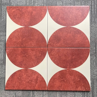 Gạch bông 20x20 hoạ tiết hình tròn đỏ trầm nền trắng kem bề mặt mờ