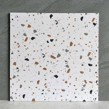 Gạch 60x60 terrazzo màu trắng hạt bự màu xám nâu đen mờ