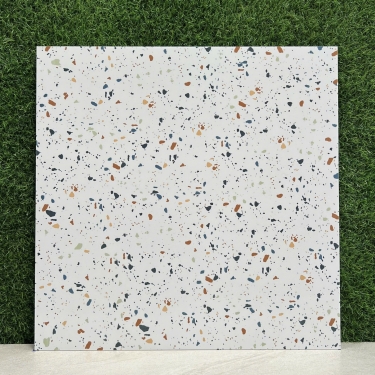 Gạch 60x60 terrazzo màu trắng hạt màu xanh dương cam mờ
