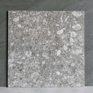 Gạch 60x60 terrazzo đá mài màu xám hạt lớn màu trắng mờ