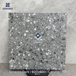 Gạch 60x60 Ấn Độ vân hạt Terrazzo màu xám đậm bề mặt carving chạm khắc